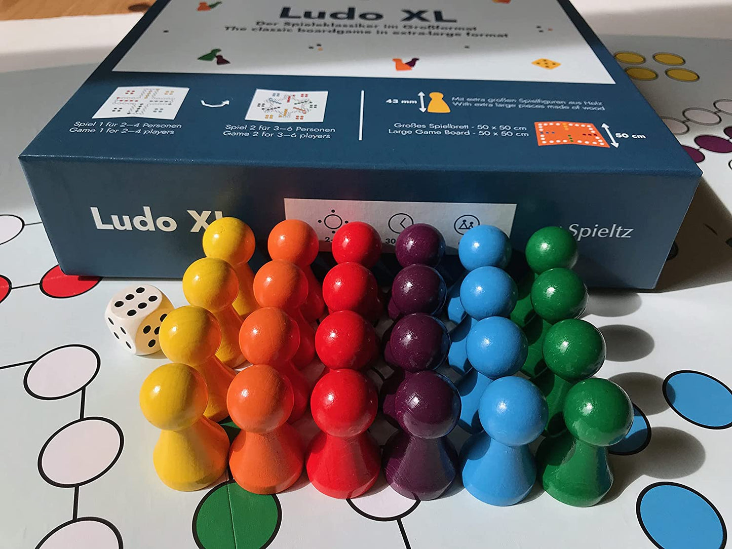 Spieltz Ludo XL Spiel für bis zu 6 Personen (Vorderseite bis 4, Rückseite bis 6 Spieler), 1. Auflage